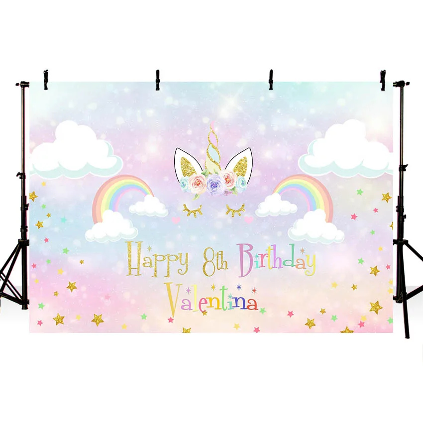 

Фон для вечерние графирования новорожденных с изображением единорога, розового волшебного неба, цветов, радуги