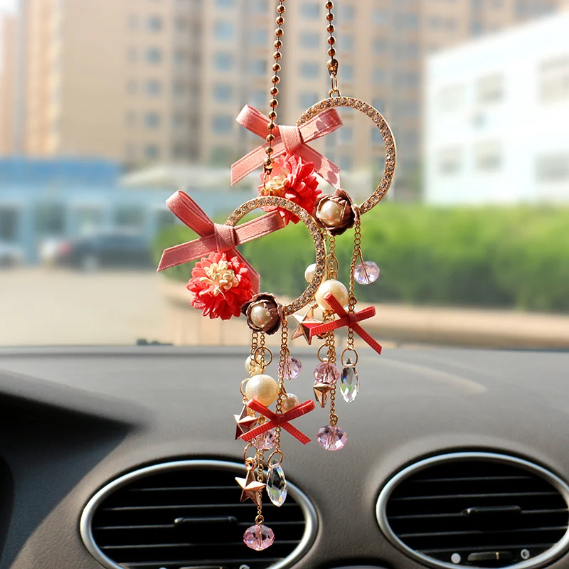 

Car Ornaments Hanging Pendant Bow knot Flower Decoration Diamond Charms Wall Automotive Rear View Mirror Suspension Trim Auto