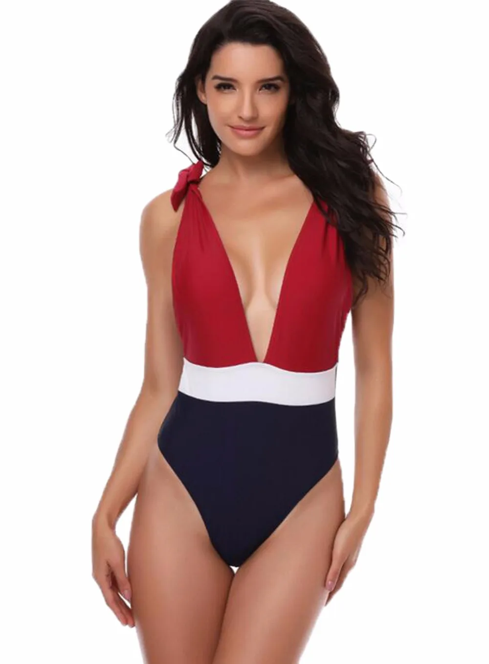 V One Piece Swimsuit Sexy Deep V Patchwork Backless One Piece Swimsuit