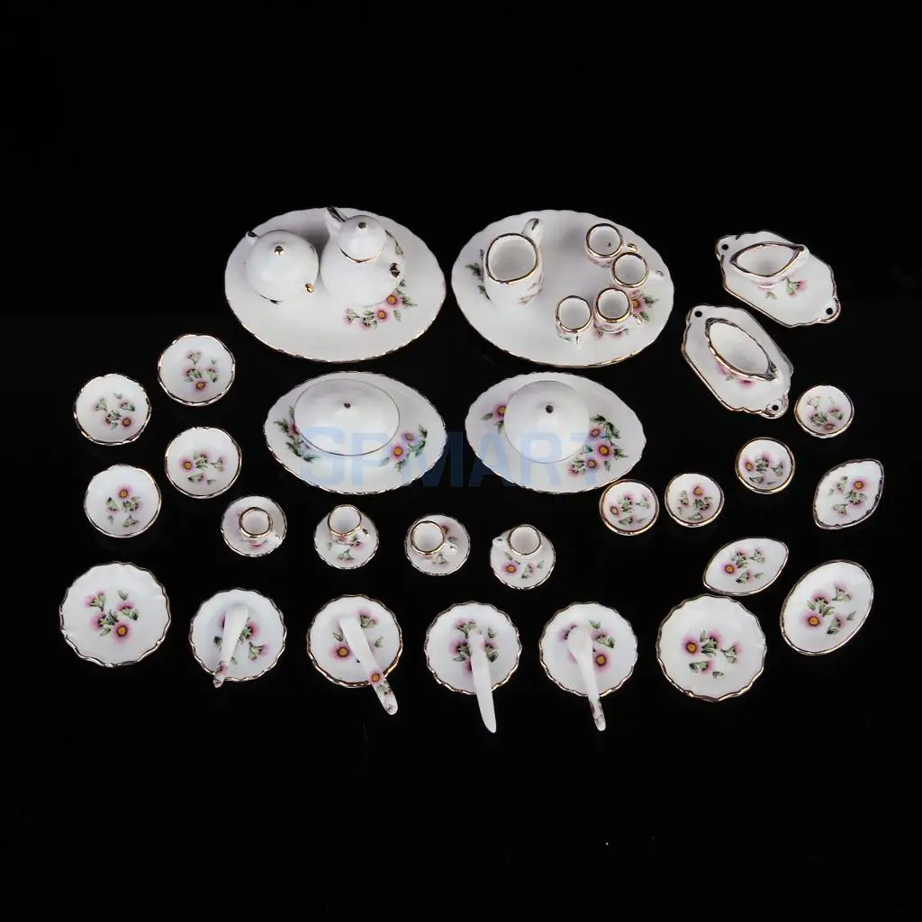 

SPMART 50pcs Dollhouse Miniature Dining Ware Porcelain Tea Set Dish Cup Plate -Pink Daisy