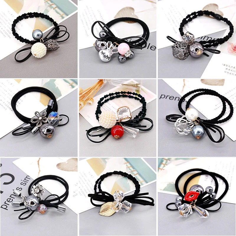 

Easter Rhinestone Crystal Accessories Fashion Flower Pearls Hair Rope Women Girls Elastic Hair Bands Horsetail Jewelry