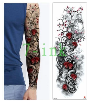 

Waterproof Tattoos Sticker Full Arm Dead tree moon red flower skull tattoo Water Transfer flash tatoo fake tattoo for men women