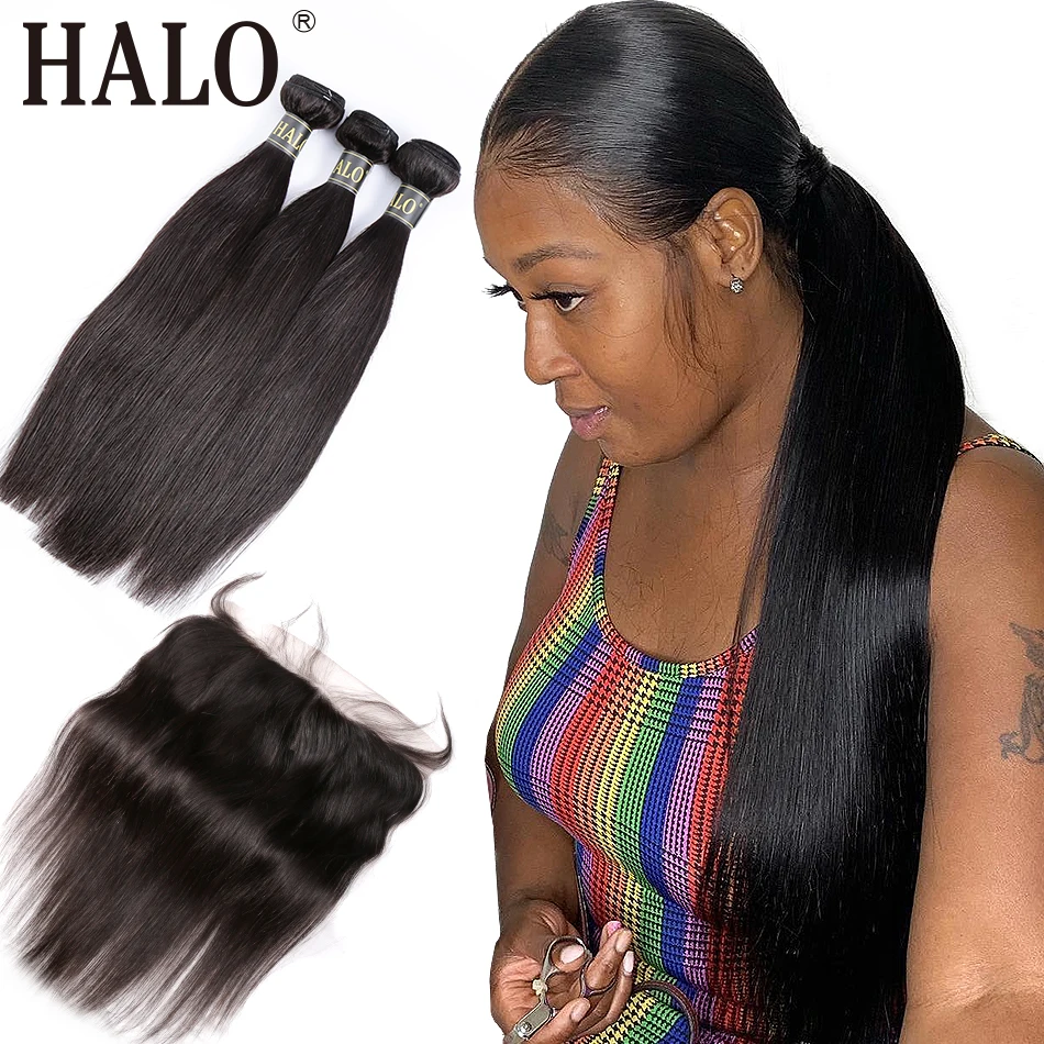 

Halo hair Brazilian Straight Lace Frontal Closure 13X4 Free Part Pre Preplucked With 3/4 Bundles 100% Human Virgin Hair