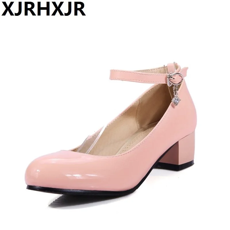 

XJRHXJR Plus Size 31-48 Hot 2018 Candy Color Women Pumps Shallow Patemt Leather Thick Med Heels Shoes Pink White Working Shoes