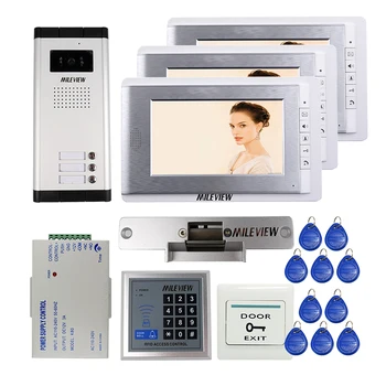 

Free Shipping Wired 7" Color Screen Video Intercom Door Phone + Ourdoor Bell Camera 3 Buttons RFID Access System + Strike Lock