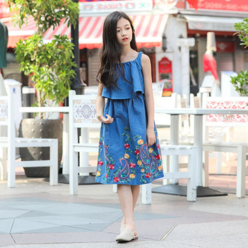 

Summer 2018 Sleeveless Cotton Baby Princess Girls Dress for Kids Clothes Toddler Big Girl Teenage Denim Dress 7-14 Years