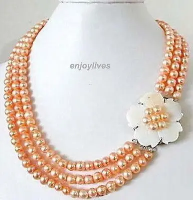 

Wholesale FREE SHIPPING >>> 3 Rows 7-8mm Genuine Pink Pearl White Shell Flower WGP Clasp Necklace