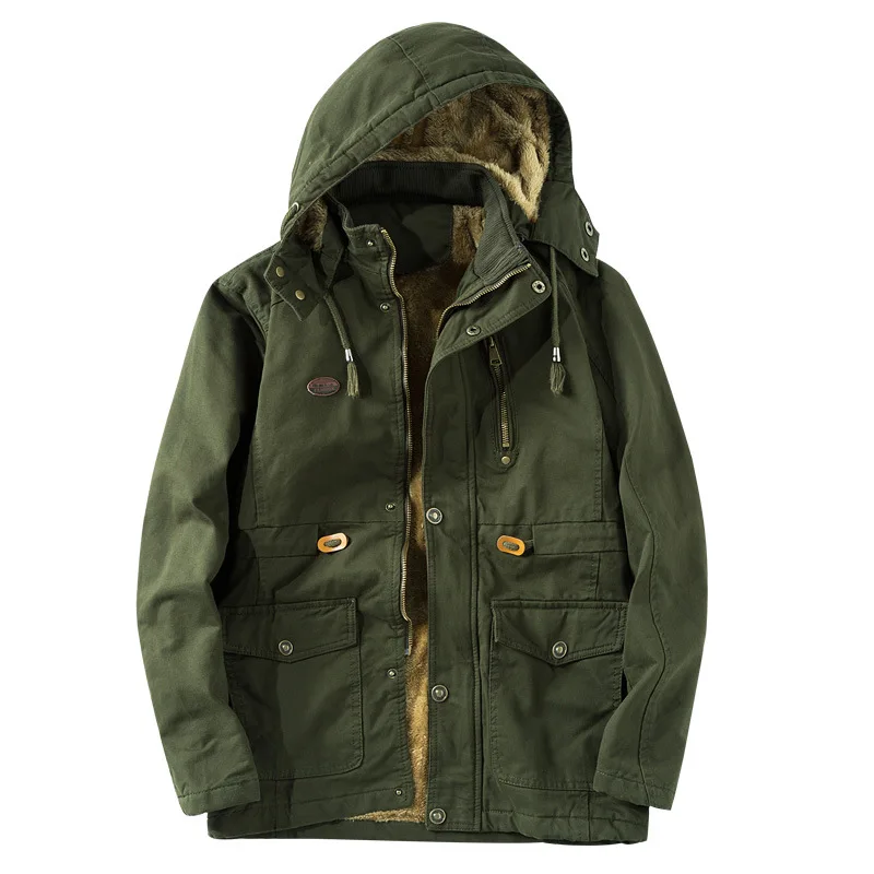 Мужская модная куртка, Мужская ветровка, Мужская Флисовая Куртка, зимнее пальто, мужская теплая куртка из плотного бархата с капюшоном, Теплая мужская куртка с анораком - Цвет: Армейский зеленый