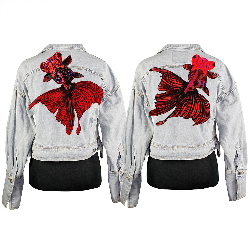 

Sequin Goldfish Embroidered Patches Motifs Applique DIY Sew on Clothes Jacket Back Badges Sewing Accessories A166