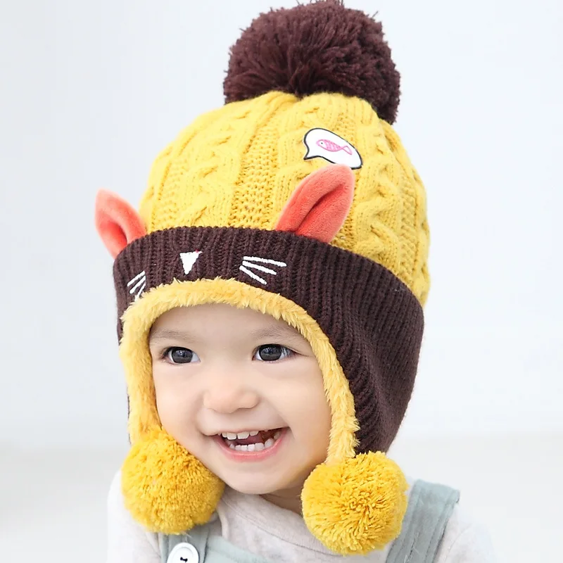 

Velvet Warm Baby Hat Knitting Cotton Infant Caps Plus Velvet Cute Winter Beanie For Girl Cartoon Cat Ears Hat With Pompom Ball