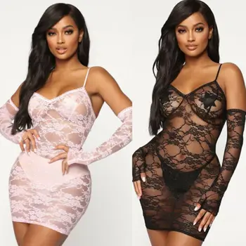 

Women Sexy Lace Chemise Mesh Sheer Lingerie Jumpsuit Underwear 2 Piece Set