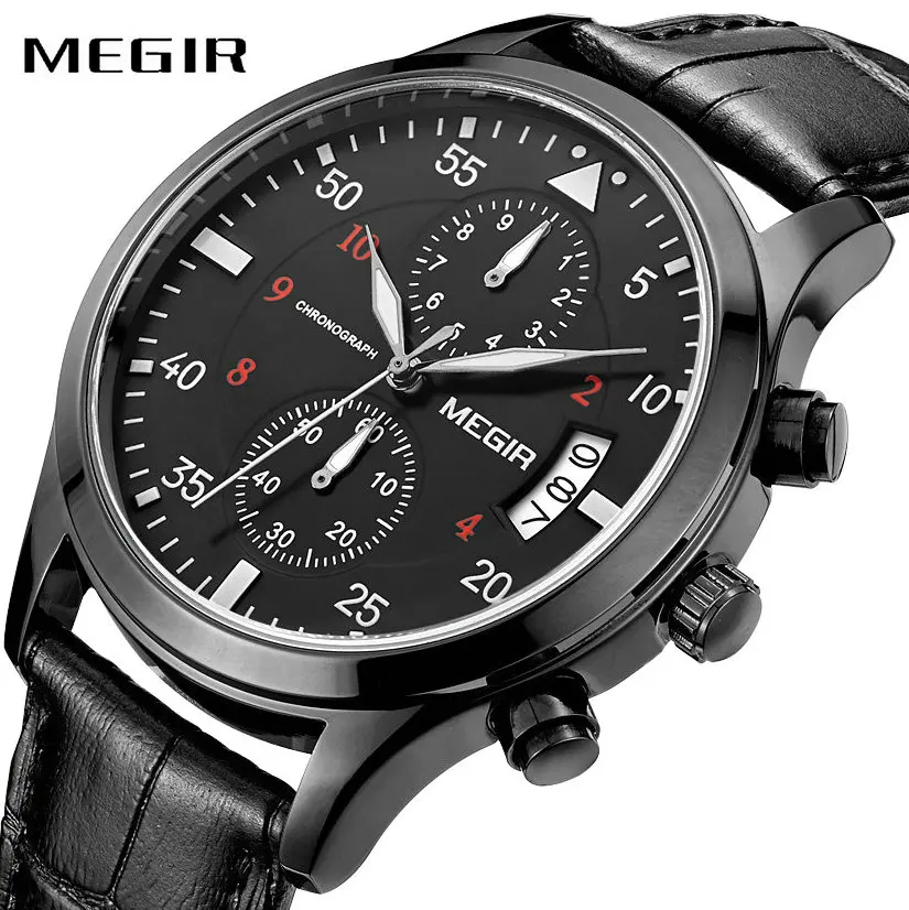 

MEGIR Sport Watch Men Quartz Clock Cool Black Genuine Leather Strap 2 Time Zone Date Display Luminous Hands Fashion Wristwatch