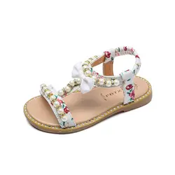 Дети Жемчужина цветочные сандалии с открытым носком летние платья принцессы Закрытая обувь для девочек без каблука мягкая подошва милые