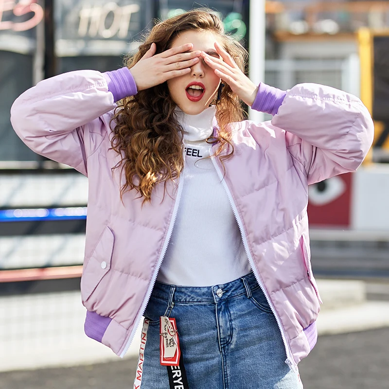 Female Winter New Warm Violet Down Jacket Women Fashion Stand Collar Cartoon Print Parka Plus 