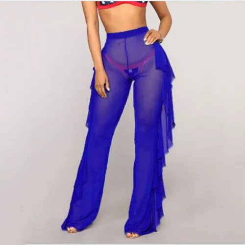 Женские модные пляжные брюки с оборками, Дамское летнее Прозрачное Бикини, элегантный чехол с высокой талией, пляжная одежда - Цвет: Синий