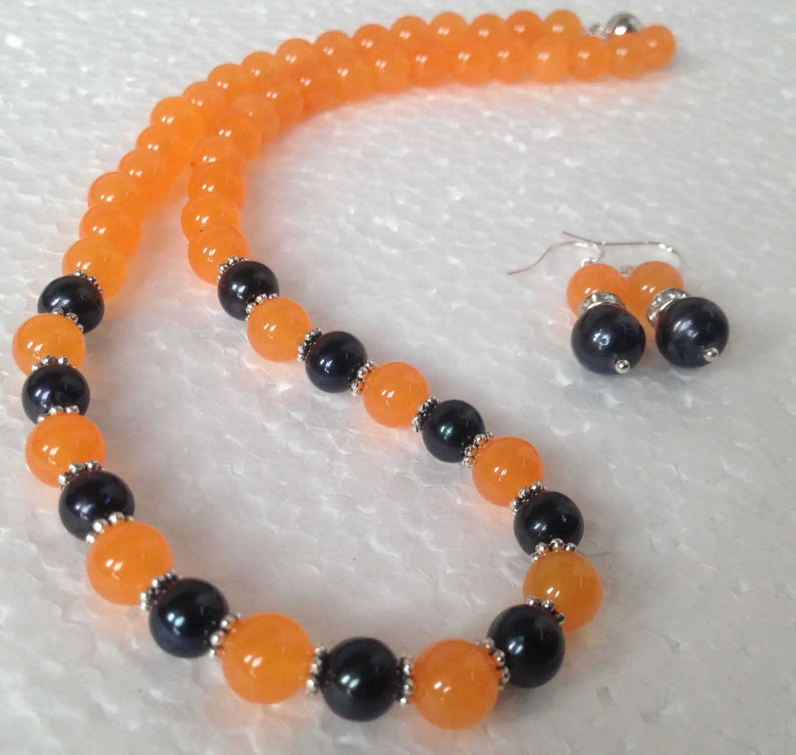 

7-8MM Natural Black Akoya Cultured Pearl/Orange Jade necklace earrings set /A108