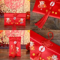 Behogar 2019 китайская Свинья новый год весна Праздничная ткань красные конверты Hong Bao Lucky Money пакеты с нефритовой подвеской кисточка