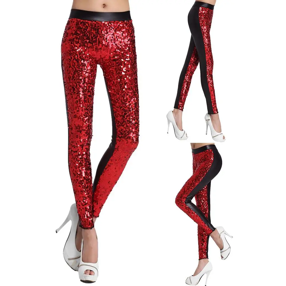 

Nightclub Women High Waist Sequins Leggings Faux Leather Skinny Pants
