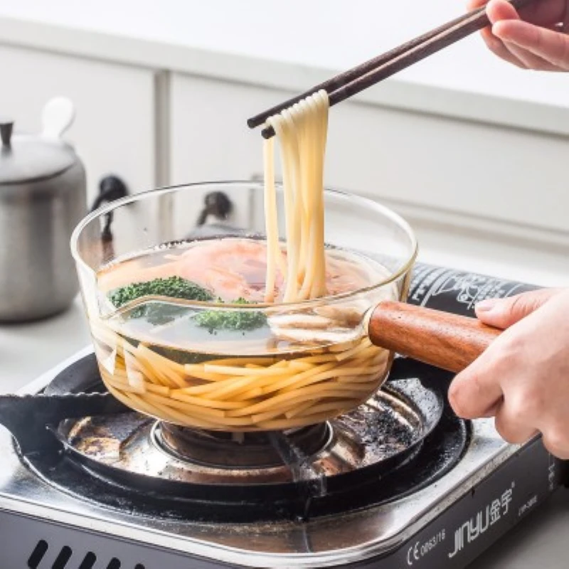 Vente Pot à lait en verre avec manche en bois 400 ml 600 ml marmite pour nouilles à salade cuisinière à gaz