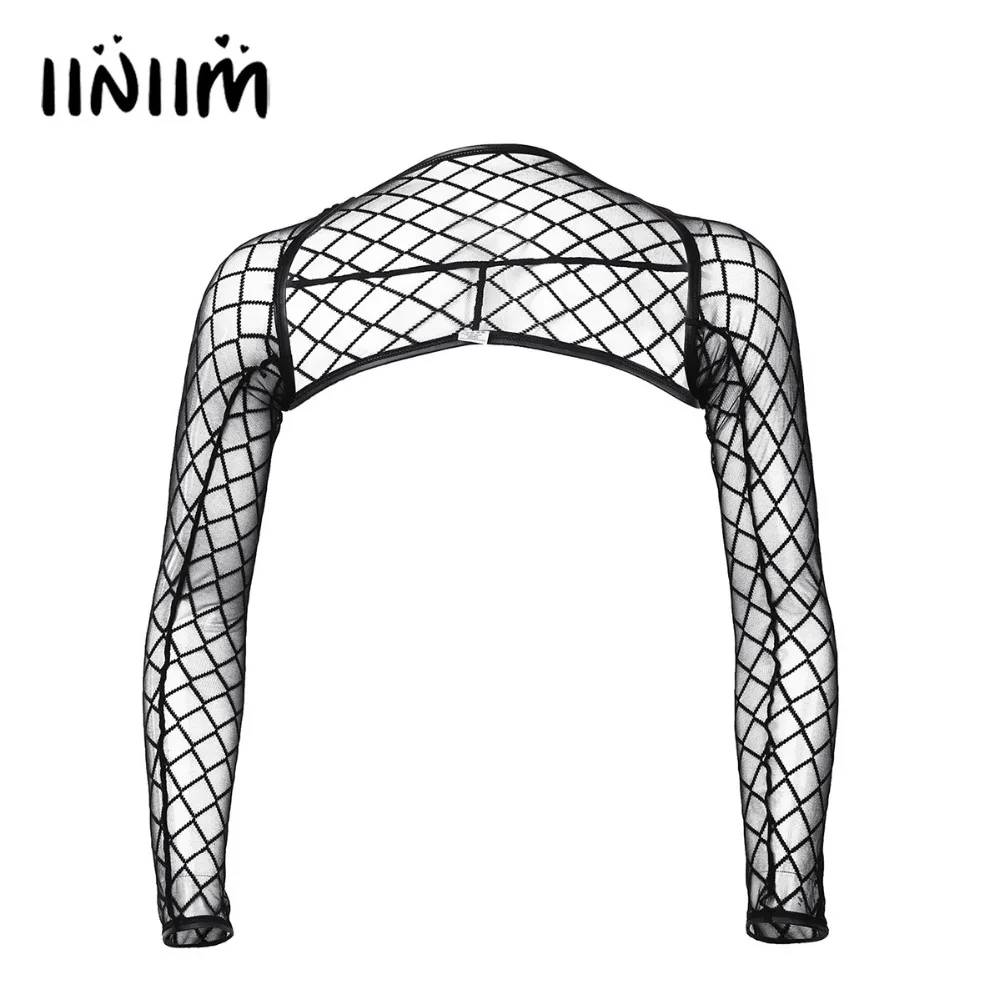 

Mens Mesh Hollow Out See-through Arm Sleeves Shrug T-shirt Costumes Wetlook Fashion Tops Men's Clubwear Party Clothing