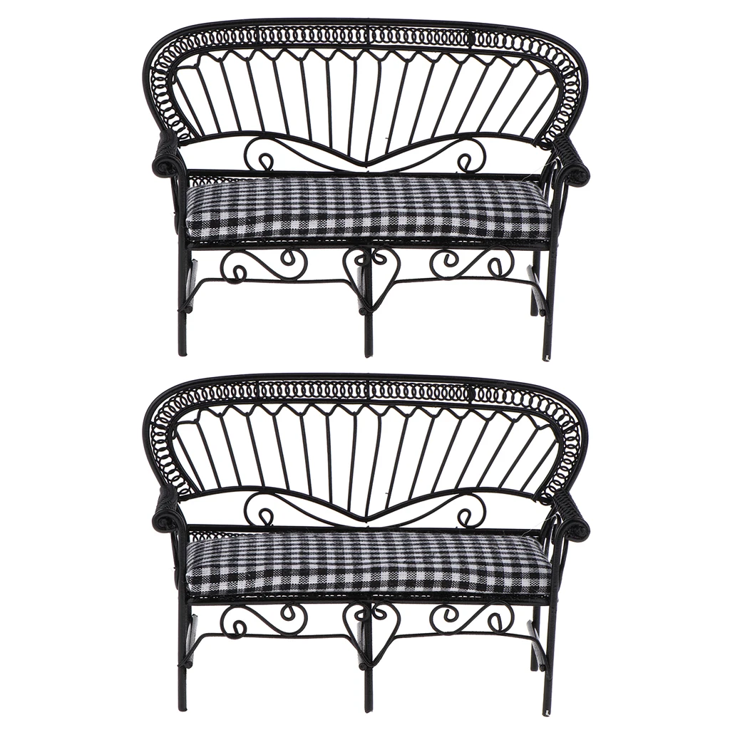 2Pcs 1/12 Dollhouse Miniature Furniture Living Room Garden Vintage Iron Double Chair Double-Seat Sofa Model