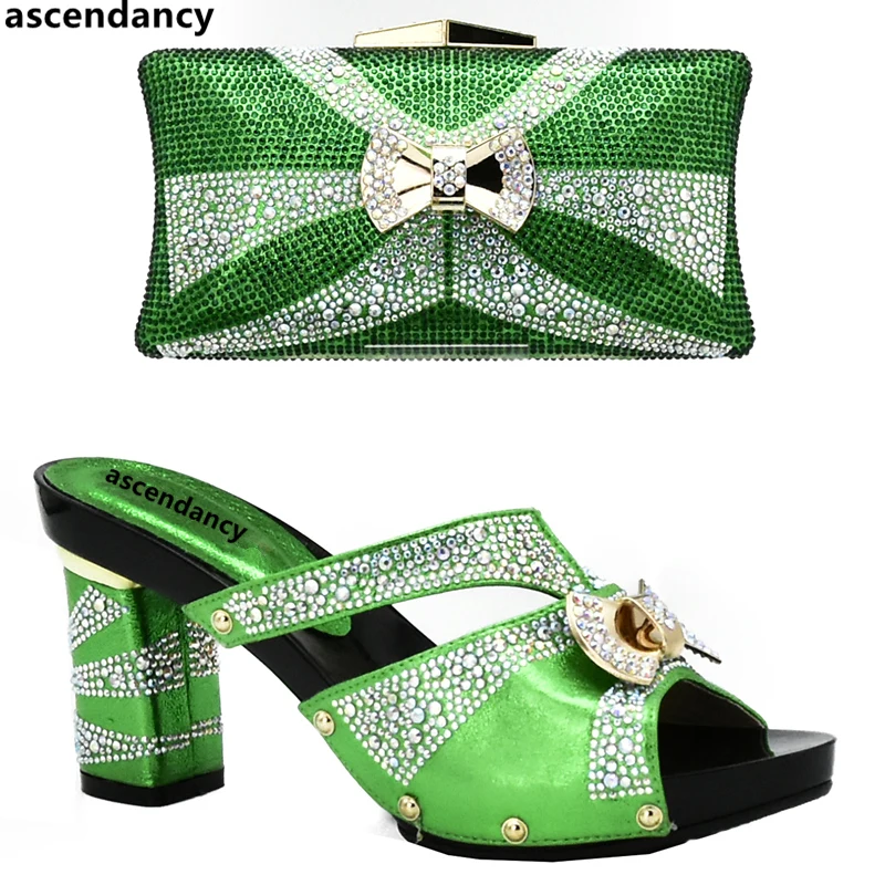 

Latest Green Color African Matching Shoes and Bags Italian In Women Italian Shoes and Bags To Match Shoe with Bag Set with Stone