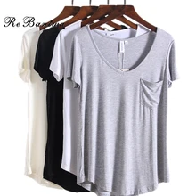 Europe Plus Size V-neck Short Sleeves T-shirts New Fashion Summer T Shirts Causal Loose 4XL Tee Pocket Decorative Tops 4 Colors