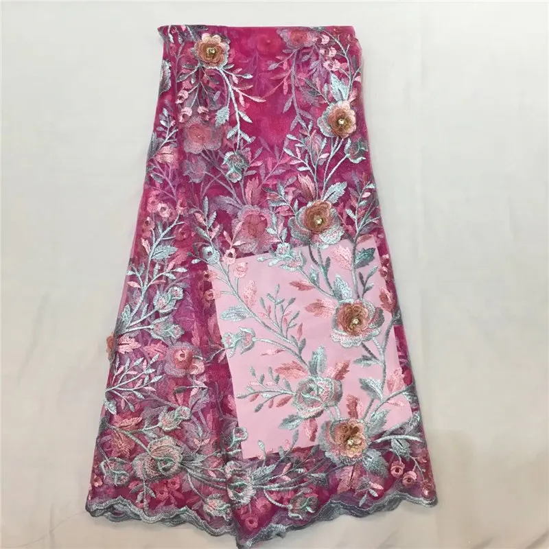 

Top sale nice color fuchsia sky blue 5 yards african lace fabric soft french lace fabric with embroidered tull lace fabric