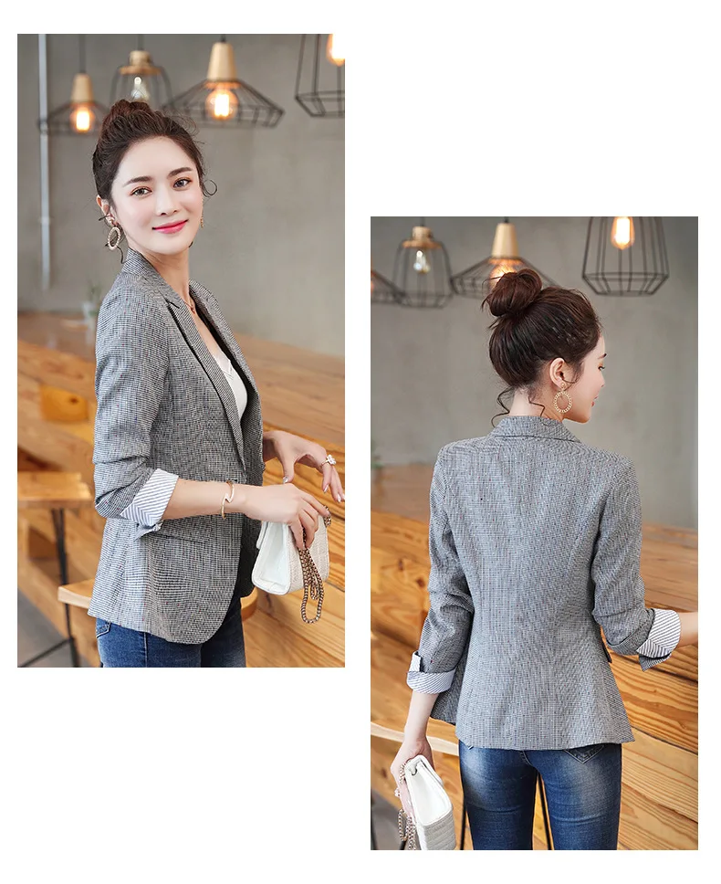 2019 Korean Spring Autumn New Chic Office Lady Casual Houndstooth Plaid Blazer Jacket Gray  Plus Size