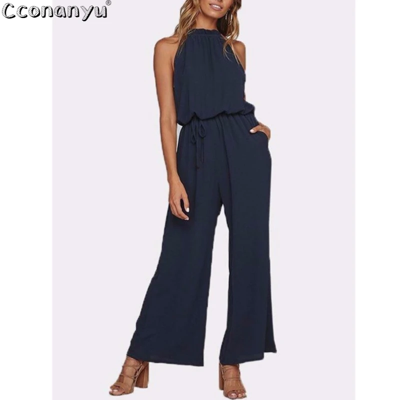 

2019 Summer Sleeveless Wide Leg Solid Jumpsuit Sexy Women Halter Backless High Waist Loose Playsuit with Pockets Jumpsuits
