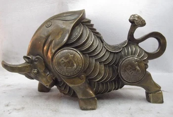 

fast shipping USPS to USA S3441 7 Chinese Royal Copper Bronze RuYi Sculpture JiXiang Wealth Coin Bull Ox Statue