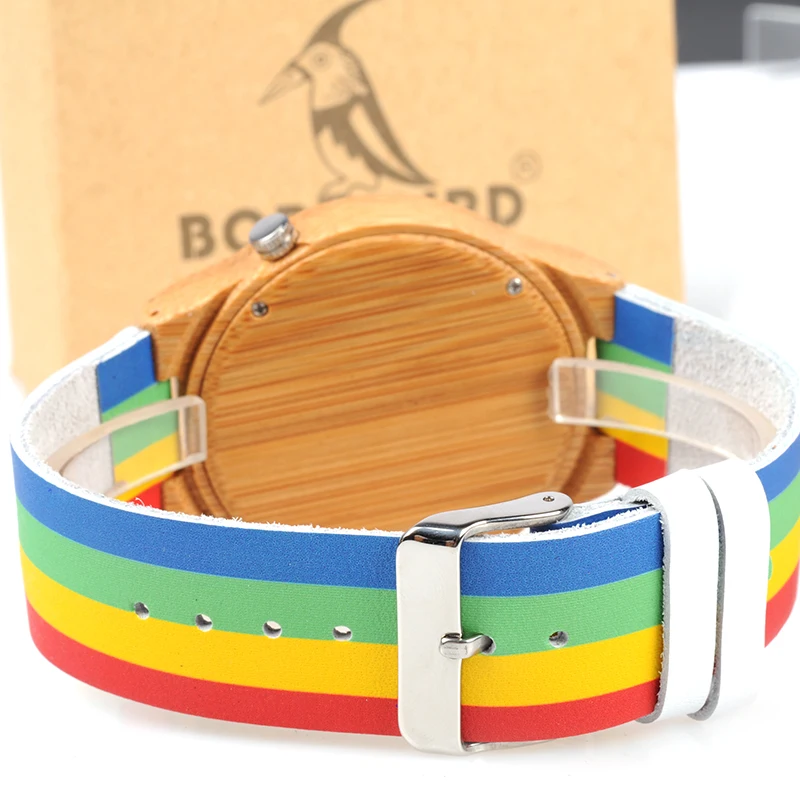 BOBO BIRD Bamboo Men Women Watch Colorful Leather Band 12 Holes Dial Face Classic Wood Watches for Men Women Accept Logo W-A01