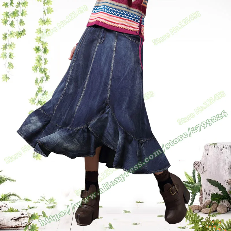 

2018 Spring New Denim Casual Vintage Retro Denim Midi Skirt / Ruffle Long Maxi Skirts Womens