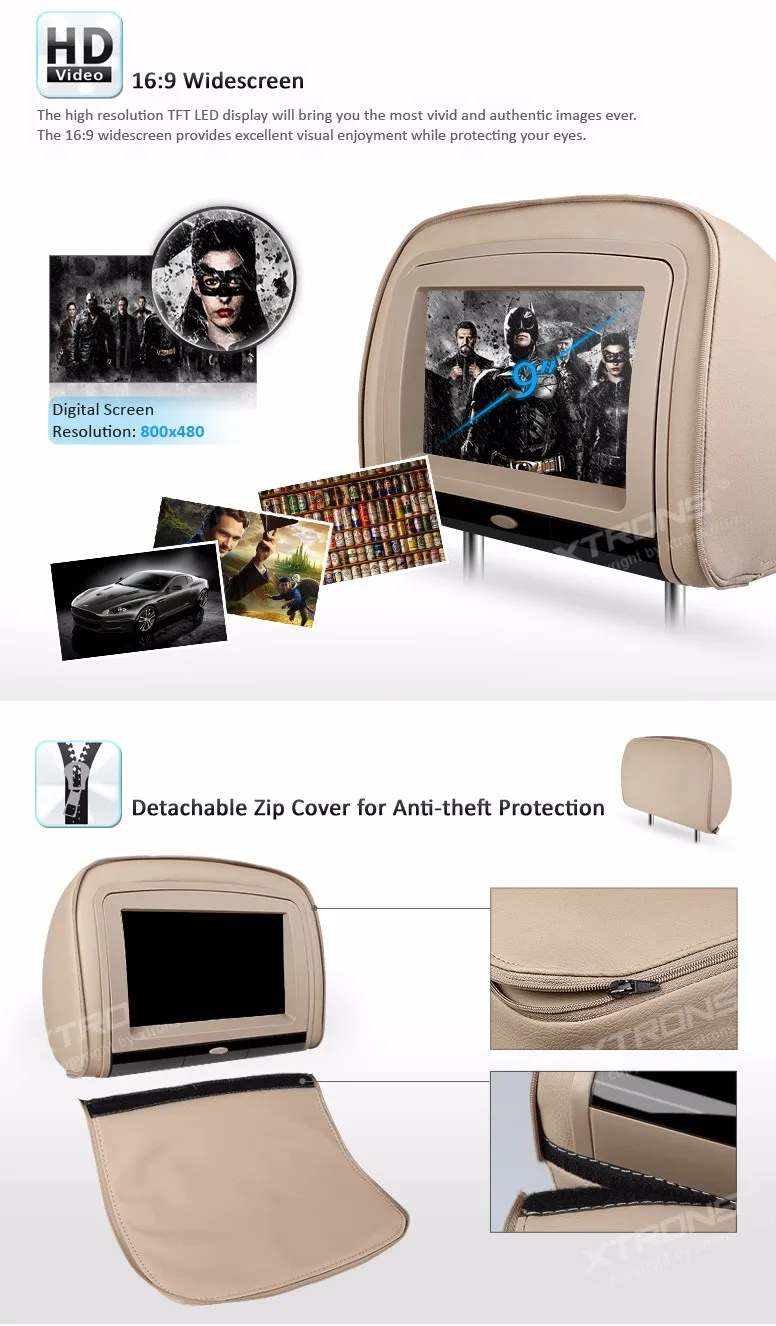 Perfect 2x9" HDMI Car Pillow DVD Monitor HD 1080P Headrest Video Detachable Zip Cover Support 32 Bits Game IR FM USB TF Backseat Audio 7