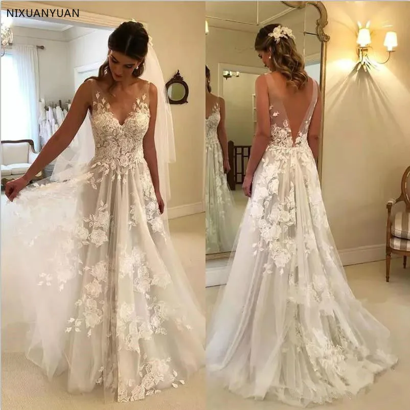 

Beach Vestido De Noiva 2019 Wedding Dresses A-line V-neck Tulle Lace Backless Dubai Arabic Boho Wedding Gown Bridal Dresses