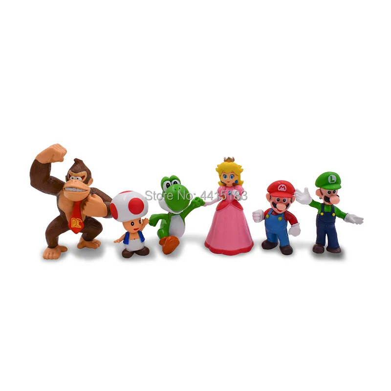 6 pcs/lot Anime Super Mario Bros Peach Donkey Kong Yoshi Luigi Toad PVC Action Figure Doll Collectible Model Toy Christmas Gift