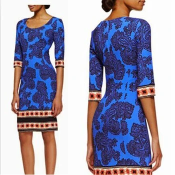 

Of the women's temperament of Italian fashion brand blue sleeve elastic knitting slim dress