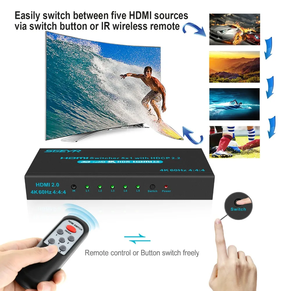 HDMI Switch SGEYR 5x1 5 Port HDMI 2.0 Switch Switcher 5 in 1 Out HDMI Switch 5 to 1 4Kx2K/60Hz HDCP2.2 with IR Remote HDMI Switch SGEYR 5x1 5 Port HDMI 2.0 Switch Switcher 5 in 1 Out HDMI Switch 5 to 1 4Kx2K/60Hz HDCP2.2 with IR Remote