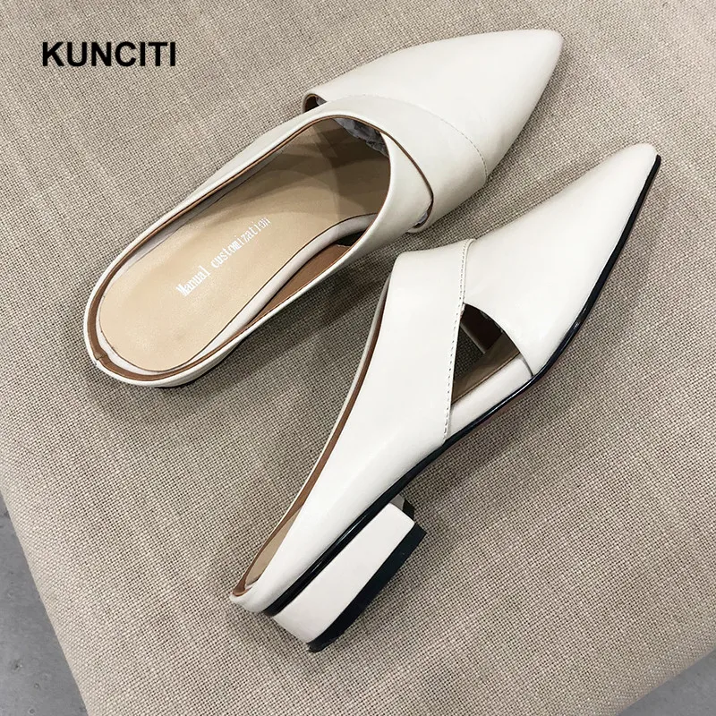 

2019 KUNCITI Genuine Leather Summer Outdoor Casual Shoes Pointy Toe Cutout Women Slippers European Fashion Low Heel Mules T986