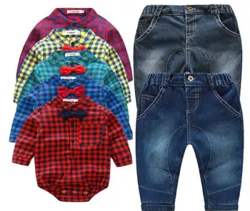 

Baby clothing baby boys long sleeve plaid shirt romper +jeans trousers 2 pcs spring baby boy clothes