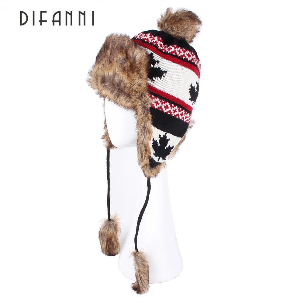 Real Fox fur Sheepskin leather Trapper Hat Women Winter Snow Cap Russian Fur Hat