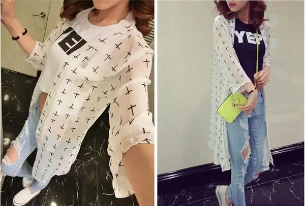Printed Chiffon Long Paragraph Cardigan Sweater Cross-Conditioned Beach Sun Protection Clothing Free Shipping |