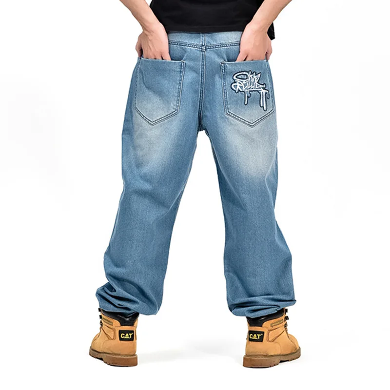 Baggy Jeans Men Denim Pants Loose Streetwear Jeans Hip Hop Casual Print Skateboard Pants for Men Plus Size Trousers Blue S96