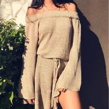 

2019 Autumn Long Sweaters Women Long Sleeve Sweaters Knitted Top Waist Sashes Off Shoulder Ladies Sweater Jumper Pullover Tops