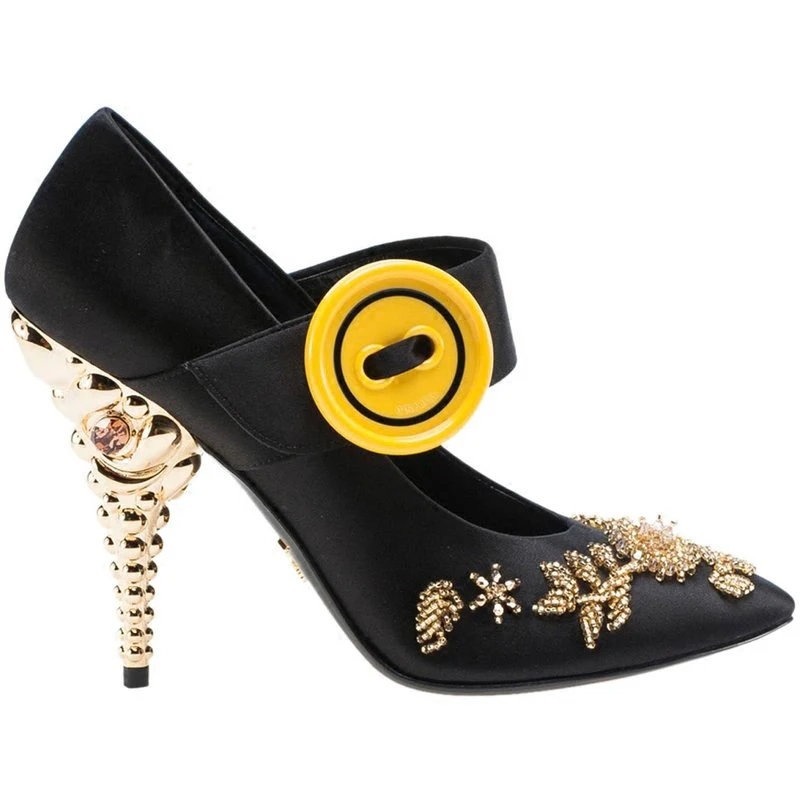 JAWAKYE/весенние туфли с закрытым носком; женские туфли-лодочки; яркие цвета; пуговицы; шнурок для обуви; расшитый бисером золотой и серебряный цвета; туфли-лодочки для подиума на высоком каблуке для девочек - Цвет: black