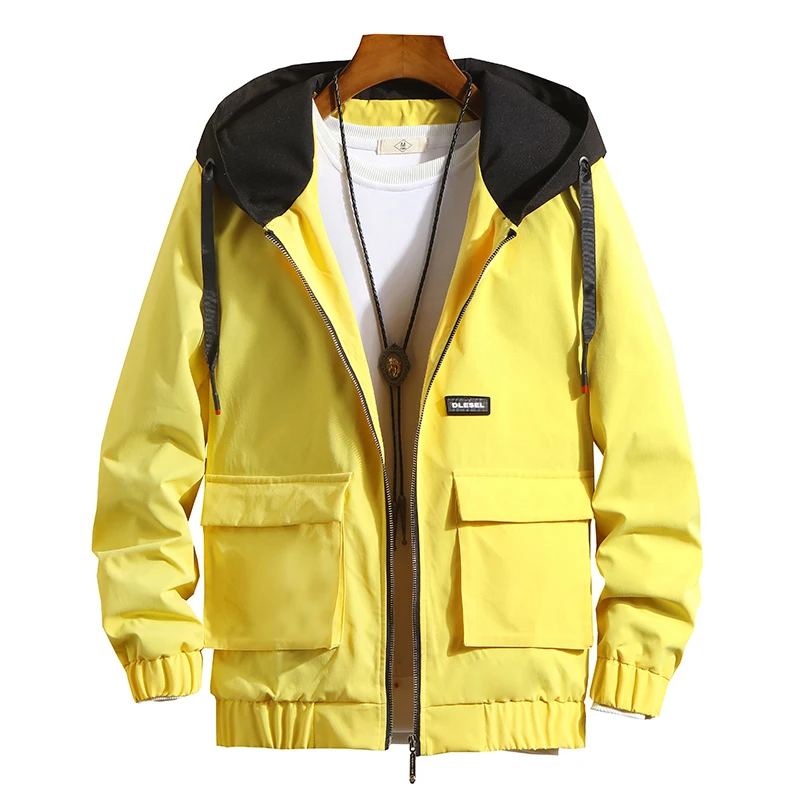 

Straight color matching tooling jacket 2019 spring new men's hip hop loose large pocket tooling jacket coat men's hooded jacket