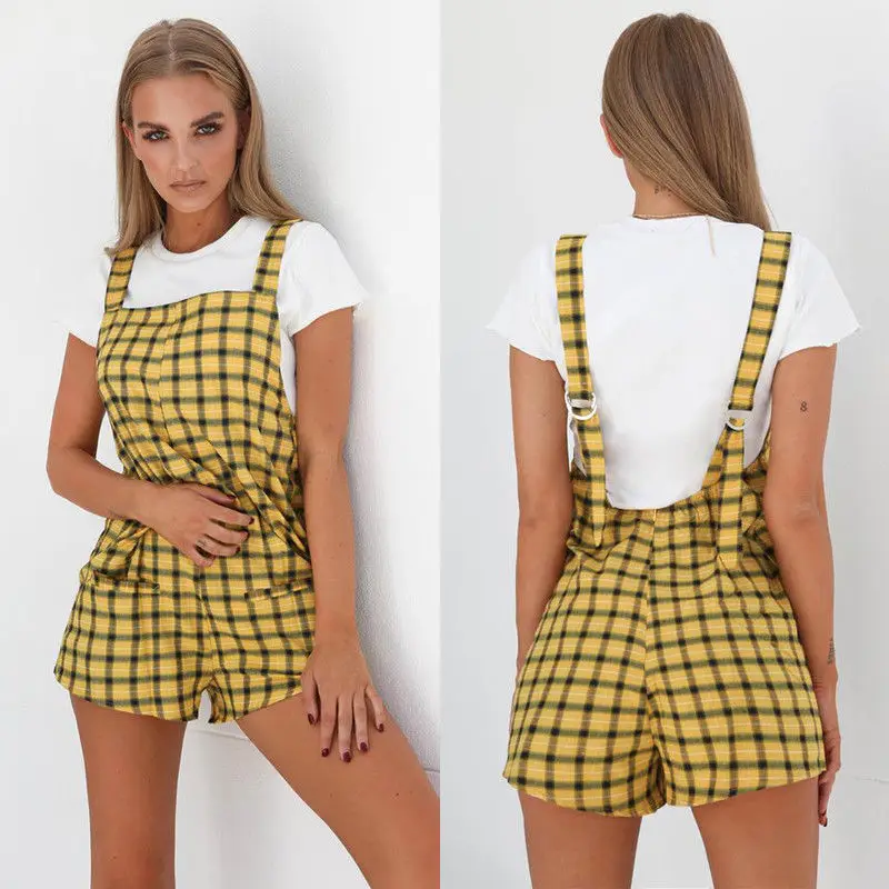 

Womens Casual Loose Playsuit Sexy Summer Backless Jumpsuit Plaid Yellow Jumpsuit Strap Harem Sunsuit Shorts
