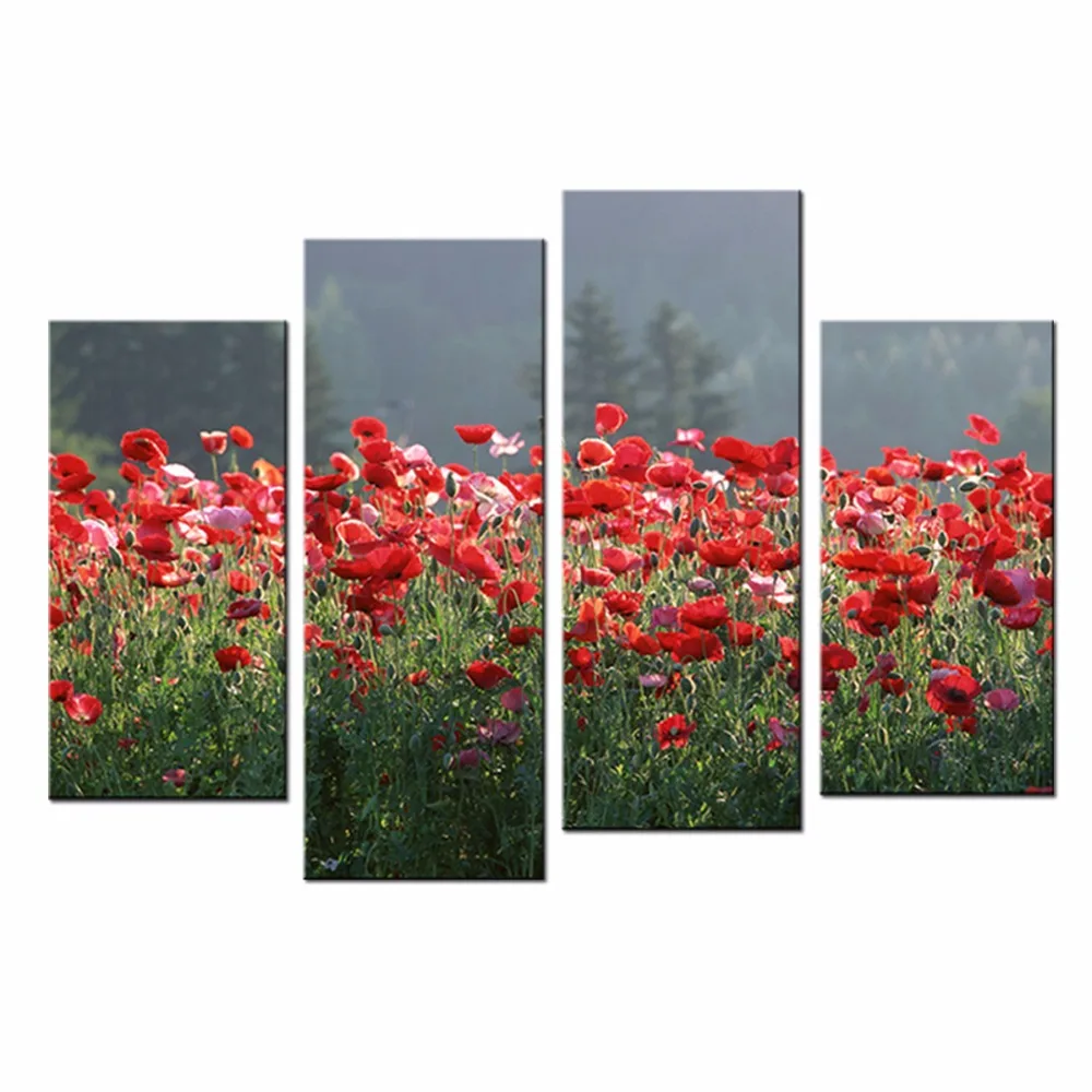 Red Poppies Modern Canvas Wall Art Pictures for Hotels Flowers Painting