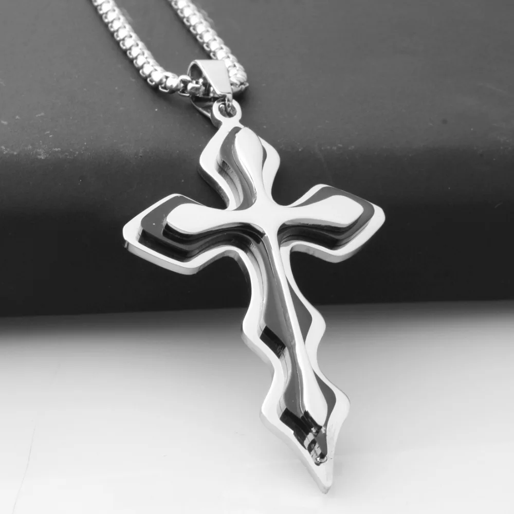 

New Arrive Stainless Steel Silver Black Christian Pattern Cross Pendant Box Chain Necklace Mens Boys Jewelry Fashion Xmas Gift