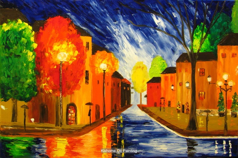 Paris night stree by Thick palette knife texture oil paintings on